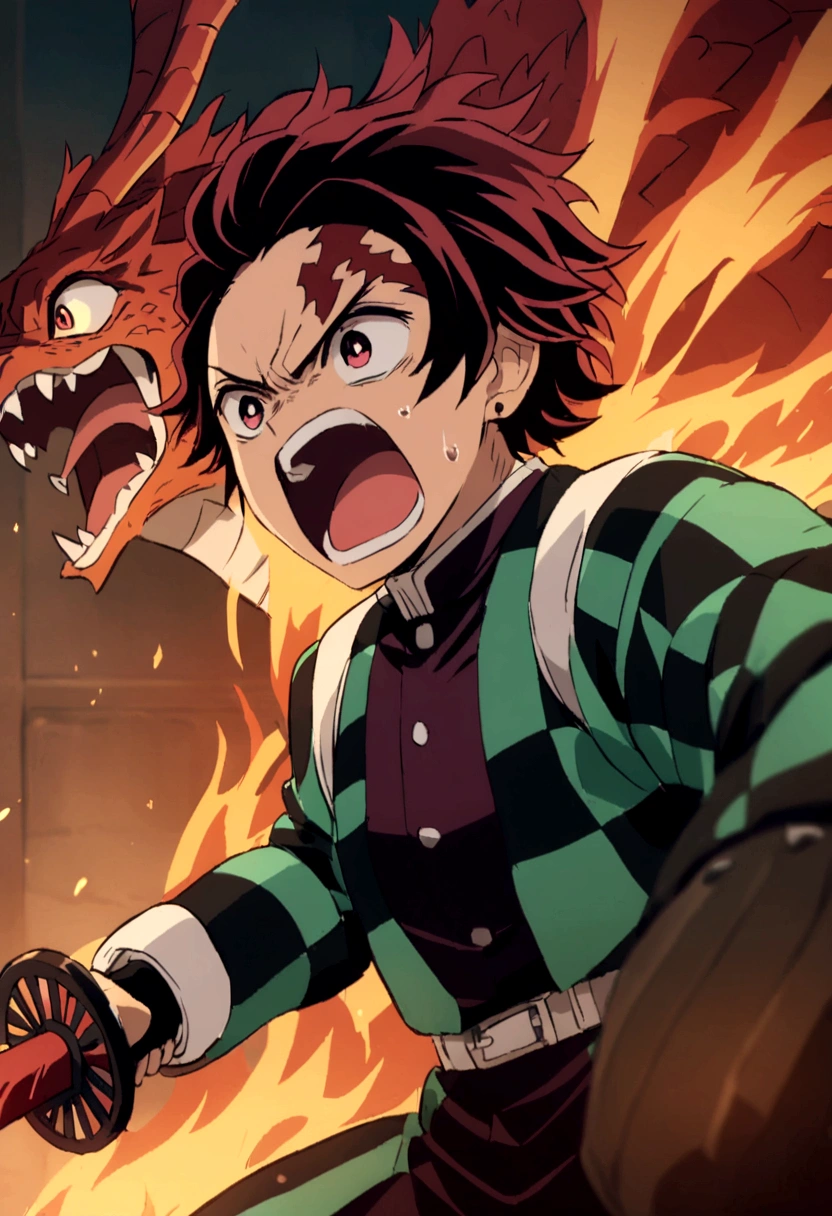 tanjiro, with sword, fire dragon, fire sword, ready to fight, screaming, upper body