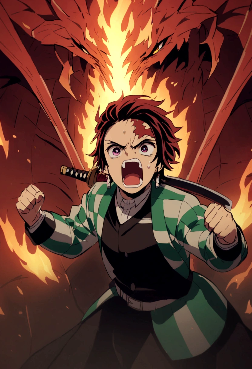 tanjiro, with sword, fire dragon, fire sword, ready to fight, screaming, upper body