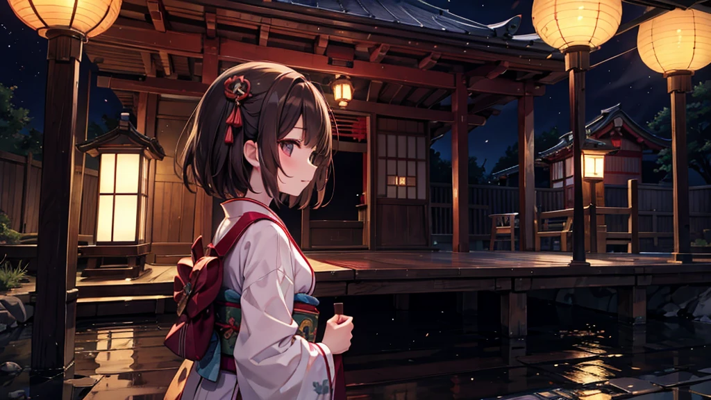 masterpiece, best quality, extremely detailed, anime, middle school girl, kimono, whole body, from head to foot, wooden clogs, dark brown hair, profile, embarrassing, dark brown eye, japanese festival, paper lantern, shrine, night