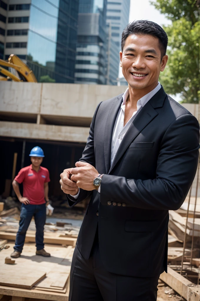 ภาพrealistic, Thai Men, handsome,cool, smile,Good looking figure, wearing a black suit, Age 45, Oval face,Go see the construction site, outdoor, In the back there are people working on construction., depth of field, Bokeh, realism, realistic, hyperrealism, professional photography, FuSD, dslr.
