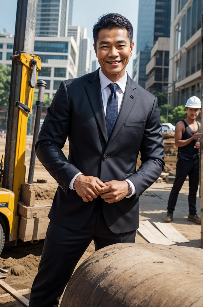 ภาพrealistic, Thai Men, handsome,cool, smile,Good looking figure, wearing a black suit, Age 45, Oval face,Go see the construction site, outdoor, In the back there are people working on construction., depth of field, Bokeh, realism, realistic, hyperrealism, professional photography, FuSD, dslr.