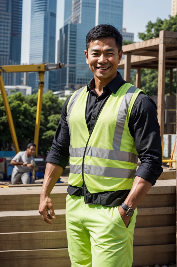 ภาพrealistic, Thai Men, handsome,cool, smile,Good looking figure, wearing a black suit, Age 45, Oval face,Go see the construction site, outdoor, In the back there are people working on construction., depth of field, Bokeh, realism, realistic, hyperrealism, professional photography, FuSD, dslr.