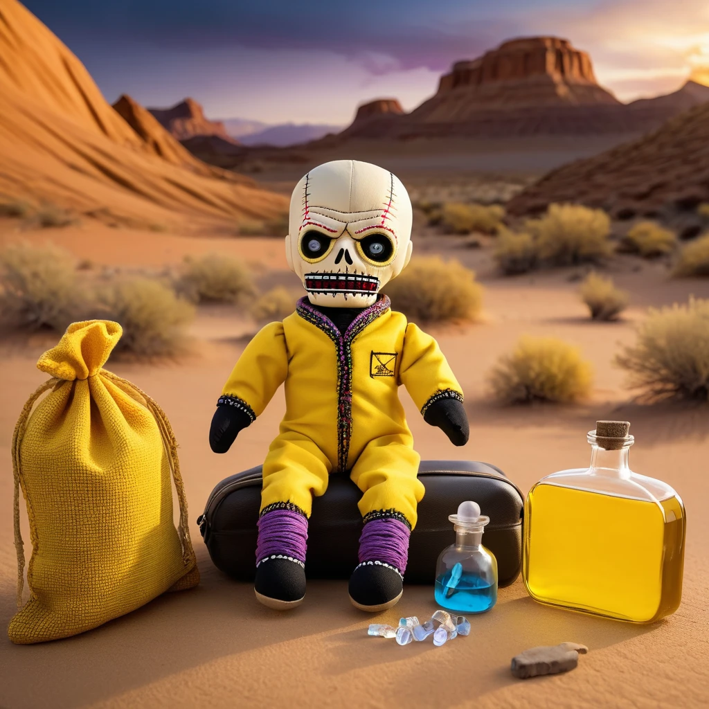 (knitted toy voodoo doll:1.8), (Voodoo Walter White:1.3), (Clothing: protective yellow suit:1.0), (Accessories: RV lab, bag of crystals, Erlenmeyer flask:1.2), (Background: desert scene with RV in background, chemical fumes:1.2),best quality, masterpiece, detailed soft oil painting, detailed background, dramatic cinematic lighting, soft edge lighting, professional, dramatic lighting, hard edge lighting, ultra quality, 4k,masterpiece, best quality, 8k, ultra highres, highres, extremely detailed