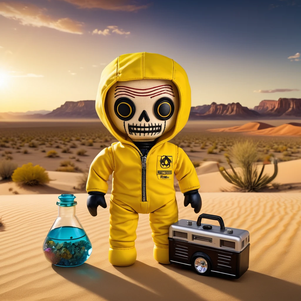 (knitted toy voodoo doll:1.8), (Voodoo Walter White:1.3), (Clothing: protective yellow suit:1.0), (Accessories: RV lab, bag of crystals, Erlenmeyer flask:1.2), (Background: desert scene with RV in background, chemical fumes:1.2),best quality, masterpiece, detailed soft oil painting, detailed background, dramatic cinematic lighting, soft edge lighting, professional, dramatic lighting, hard edge lighting, ultra quality, 4k,masterpiece, best quality, 8k, ultra highres, highres, extremely detailed