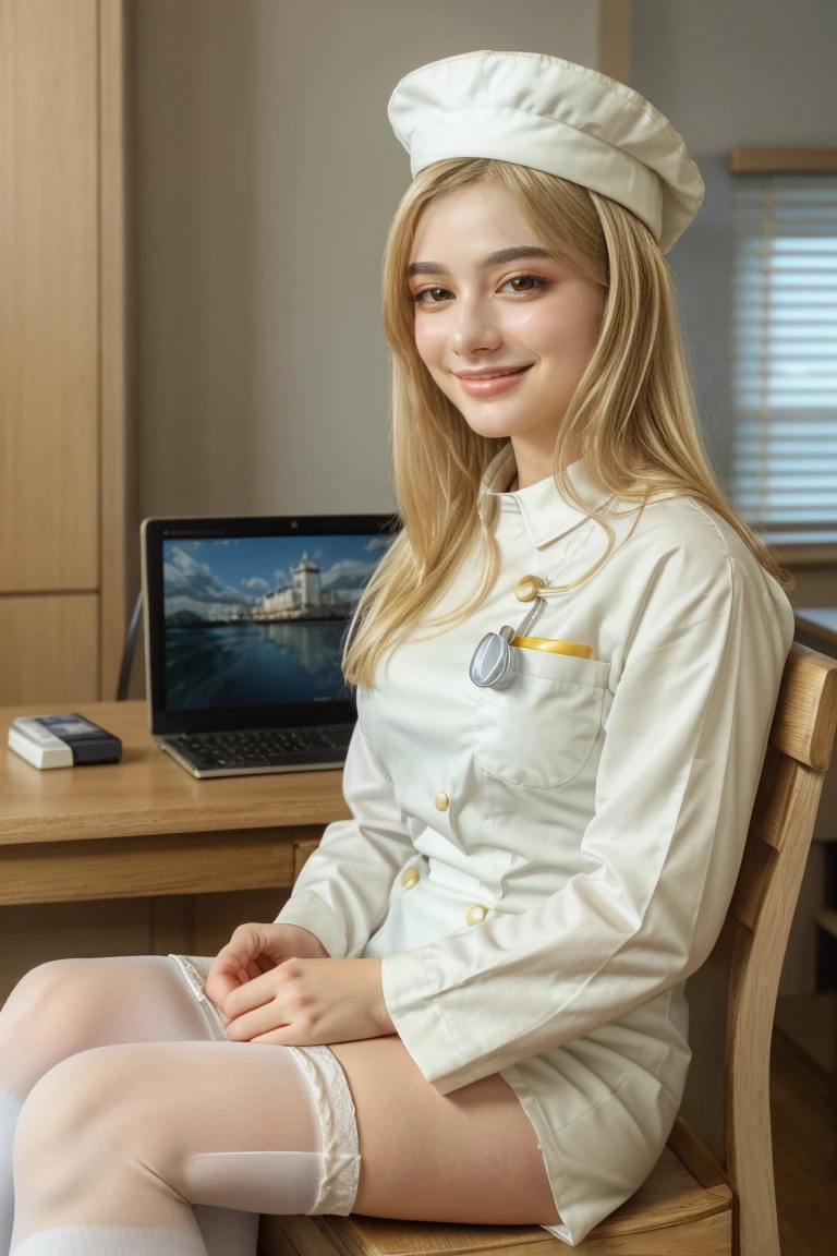 1 woman, best quality, ((Miyo)), tarankaaa, perfect face, beautiful smile, 30 years old, looking at desktop, reading booklet, ((white nurse attire, white nurse cap, white thighhighs, gold blonde hair)), ((perfectly drawn hands)), perfect body, white room, hospital, scenery, solo, ((sitting behind desktop, reading a booklet, booklet placed over desktop, holding pen)), 32k photograph, ((perfect eyes, detailed eyes, realistic eyes)), ((sharp face, detailed face, realistic face, natural skin, realistic skin, detailed skin, smiling, pores)), ((detailed body, perfect photography)), tone mapping, asian-european, ((masterpiece)), ((highres)), ((detailed background)), japanese village background through window, midday, big proportions, good hands, 