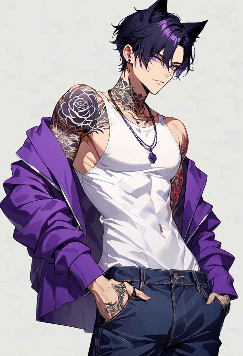 1man, black short hair, black cat ears, bright purple eyes, wearing purple jacket, wearing white undershirt, wearing dark blue jean pants, wearing a necklace with a ring, exposing shoulders, bold tattoos, rose tattoos, purple rose tattoos, full sleeve tattoos
