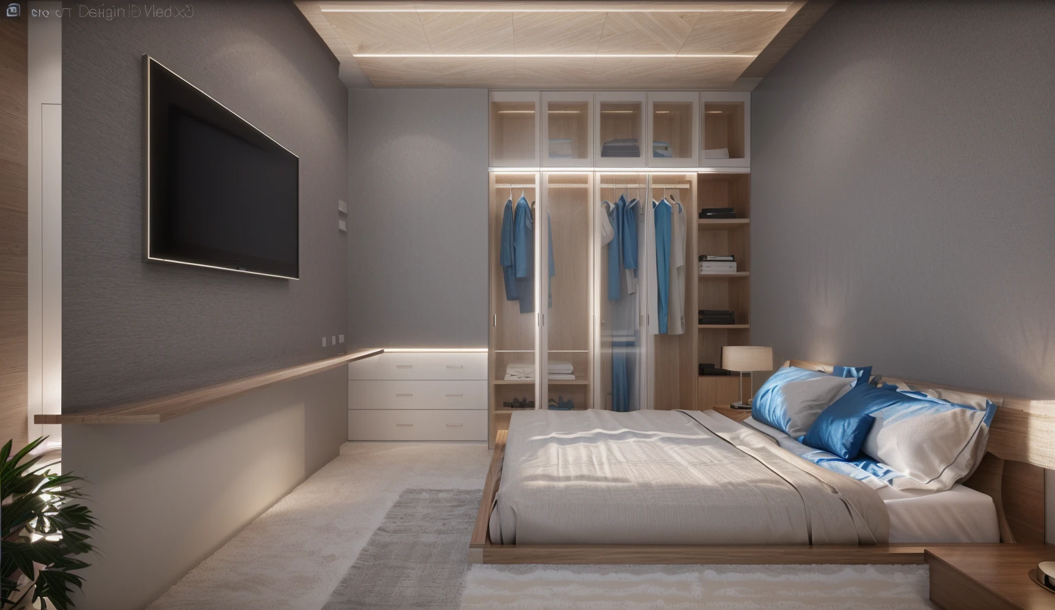 Design the master bedroom's interior space in [contemporary, luxurious style], using wood, white ceiling lights, using indoor lighting combined with [[blue areas with outdoor environmental lighting]. ]], [render vray 3ds max]
