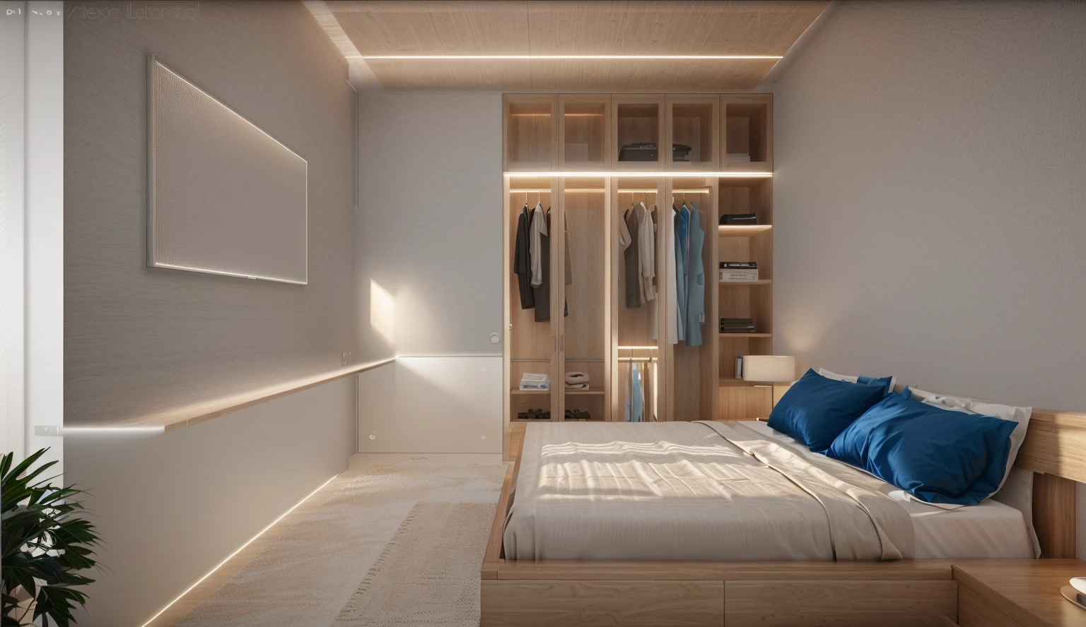 Design the master bedroom's interior space in [contemporary, luxurious style], using wood, white ceiling lights, using indoor lighting combined with [[blue areas with outdoor environmental lighting]. ]], [render vray 3ds max]