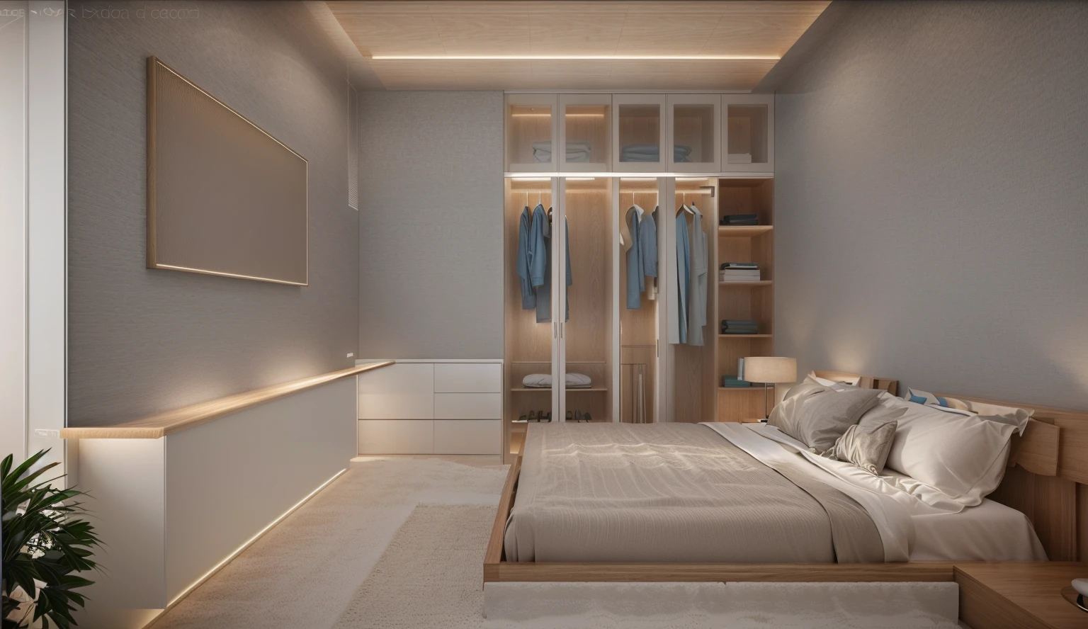 Design the master bedroom's interior space in [contemporary, luxurious style], using wood, white ceiling lights, using indoor lighting combined with [[blue areas with outdoor environmental lighting]. ]], [render vray 3ds max]