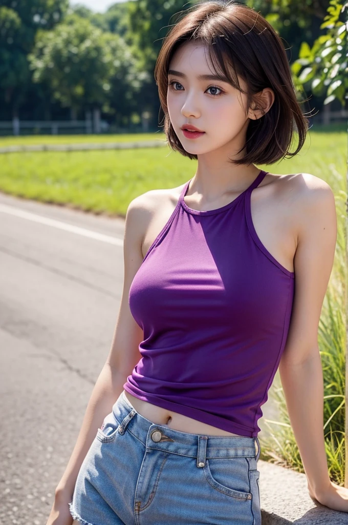 ( (((A beautiful woman))), ((trendy fashion)),(((detailed face))),(), perfect body anatomy, hands on hips, huge breasts,pretty,sleeveless turtle neck, mini-skirt,white silky clothes, purple mini-skirt, 4k , super high resolution ,(photo-realistic: 1.7),white background,black short hair, ((SFW)), cowboy_shot, bokeh, SFW)