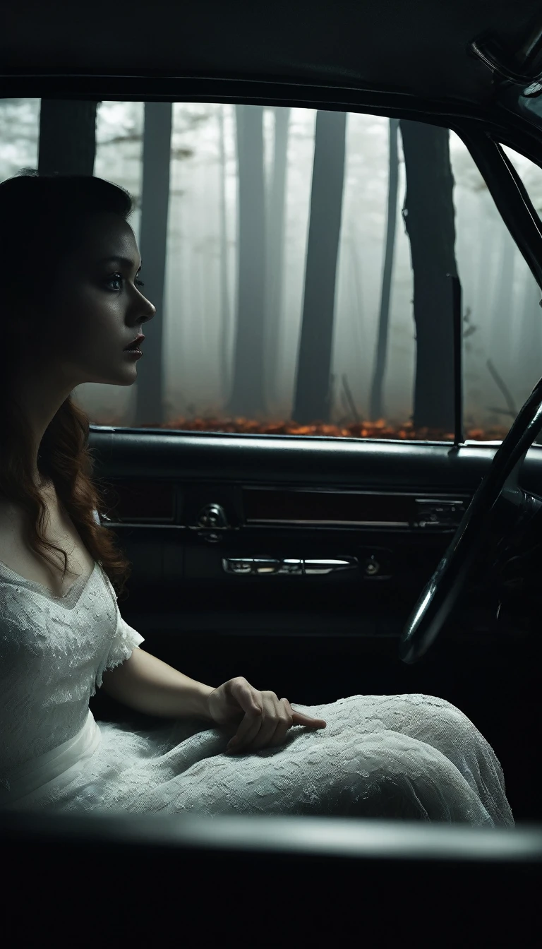 Inside the car, the atmosphere is tense. The woman in a white dress sits silently beside the driver, her hair obscuring her face. The man's face shows unease as he glances nervously at her. The car interior is dimly lit, with the foggy forest road visible outside. Cinematic, high contrast, spooky.