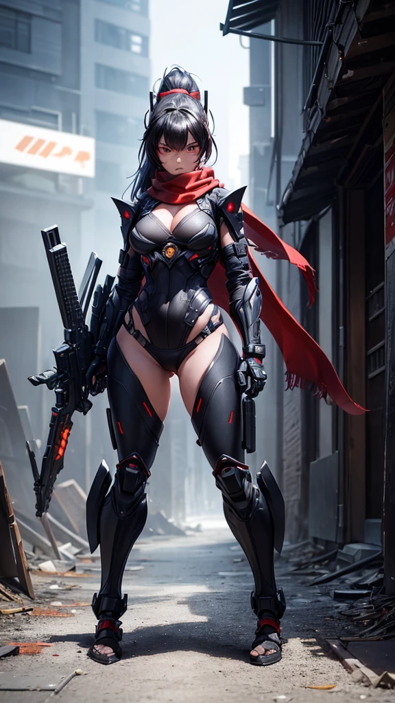 (Female Ninja Cruel Mech: 1.3, Full Body Covered Mech, Heavy AWP on Back, DSLR, Light Tracing, 3D, Concept Art, Action Painting, Film Lighting, Chiaroscuro) :(1.3). Highlighting the curve of the chest, the long white ponytail hair looks graceful and attractive. Masterpiece-like 8K resolution, (Murderous Death and Fear): 0.5, long red scarf fluttering in the wind, war-torn city as a backdrop.