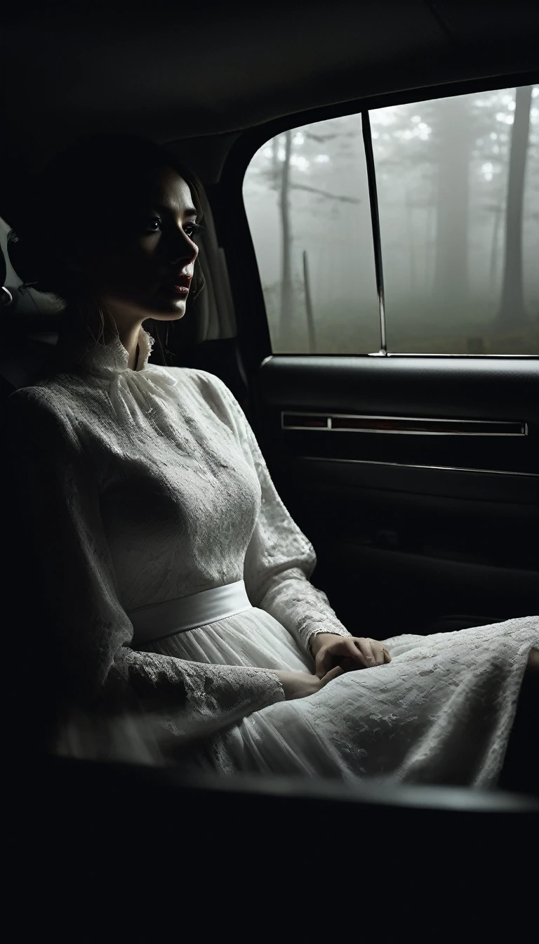 Inside the car, the atmosphere is tense. The woman in a white dress sits silently beside the driver, her hair obscuring her face. The man's face shows unease as he glances nervously at her. The car interior is dimly lit, with the foggy forest road visible outside. Cinematic, high contrast, spooky.