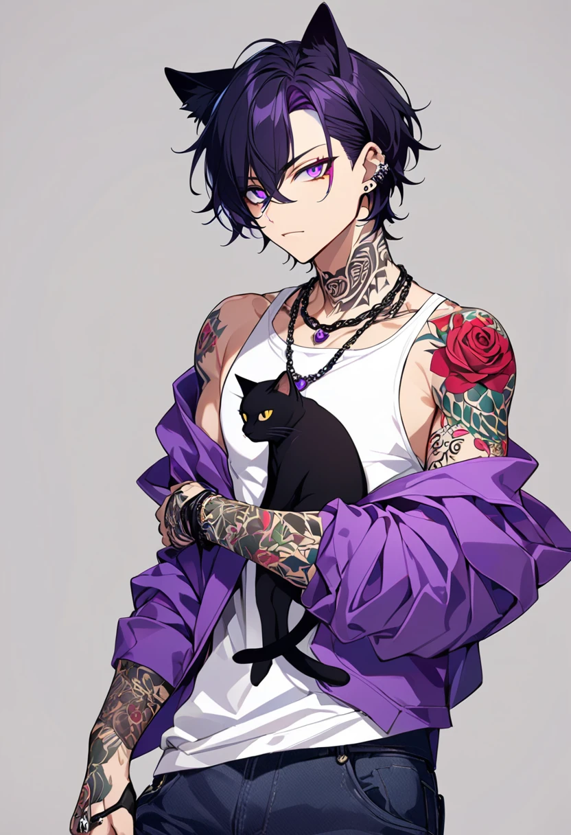 1man, black short hair, black cat ears, bright purple eyes, wearing purple jacket, wearing white undershirt, wearing dark blue jean pants, wearing a necklace with a ring, exposing shoulders, bold tattoos, rose tattoos, purple rose tattoos, full sleeve tattoos