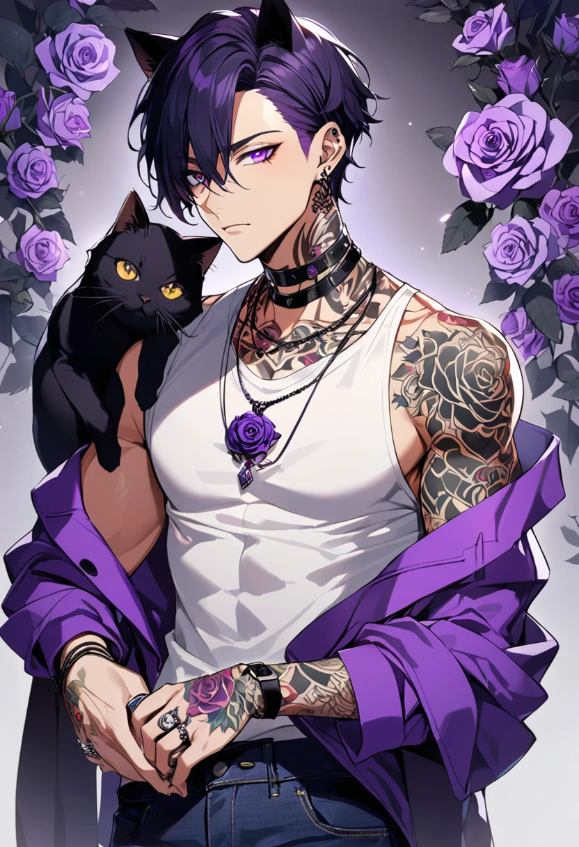 1man, black short hair, black cat ears, bright purple eyes, wearing purple jacket, wearing white undershirt, wearing dark blue jean pants, wearing a necklace with a ring, exposing shoulders, bold tattoos, rose tattoos, purple rose tattoos, full sleeve tattoos