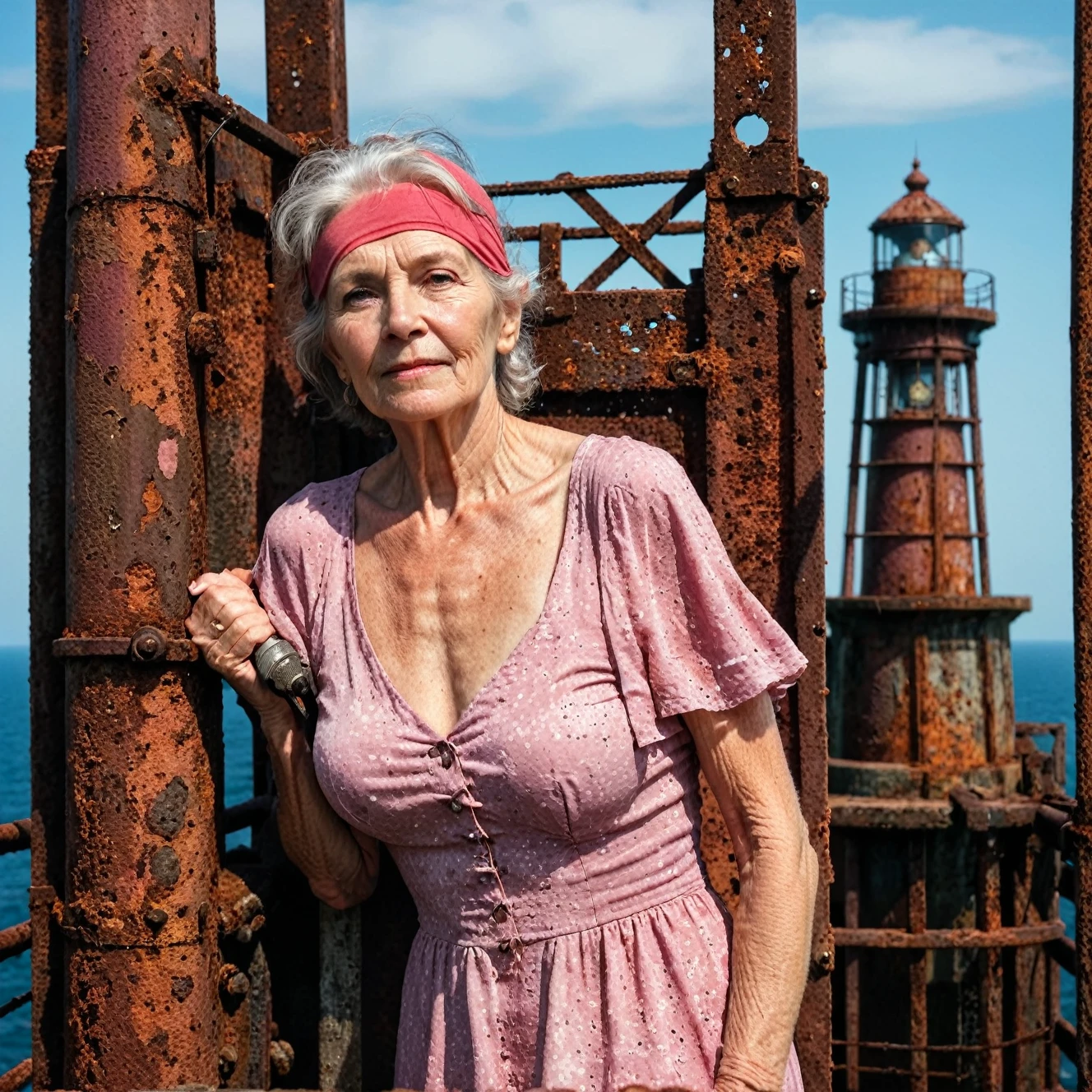 RAW photo, full body portrait of a beautiful 70 year old woman, wrinkled face, pink summer dress, she stands on  a rusty trellis of a lighthouse on the north sea, full sharp, detailed face, blue eyes, (high detailed skin:1.2), 8k uhd, dslr, soft lighting, high quality, film grain, Fujifilm XT3
dappled light on face, pale skin, skin pores, oiled shiny skin, skin blemish, imperfect skin, intricate skin details, visible skin detail, detailed skin texture, blush, wrinkles, vitiligo spots, moles, whiteheads, blackhead, white pimples, red pimples, beauty spot, skin fuzz, [[[[[freckles]]]]] (perfect eyes) 