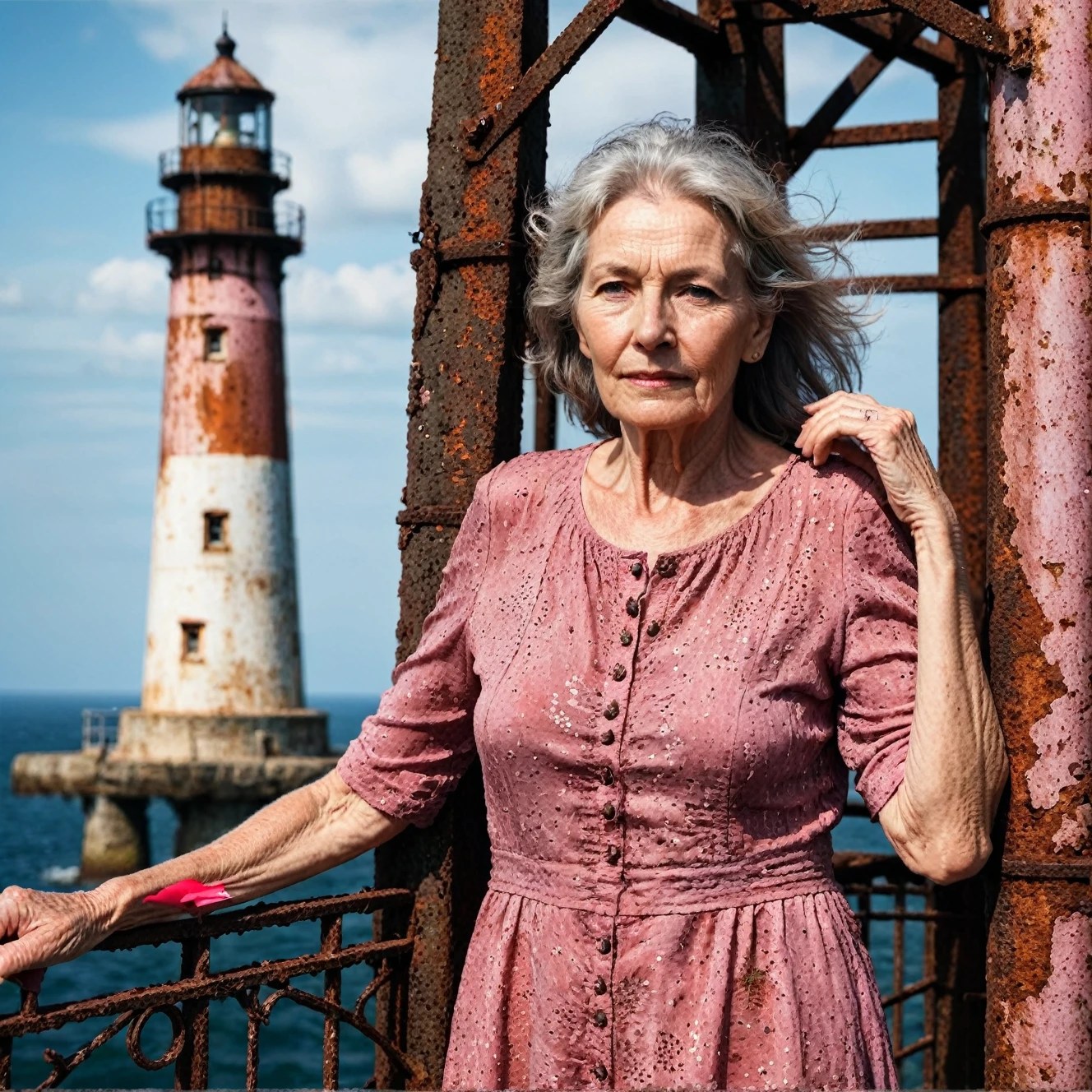 RAW photo, full body portrait of a beautiful 70 year old woman, wrinkled face, pink summer dress, she stands on  a rusty trellis of a lighthouse on the north sea, full sharp, detailed face, blue eyes, (high detailed skin:1.2), 8k uhd, dslr, soft lighting, high quality, film grain, Fujifilm XT3
dappled light on face, pale skin, skin pores, oiled shiny skin, skin blemish, imperfect skin, intricate skin details, visible skin detail, detailed skin texture, blush, wrinkles, vitiligo spots, moles, whiteheads, blackhead, white pimples, red pimples, beauty spot, skin fuzz, [[[[[freckles]]]]] (perfect eyes) 