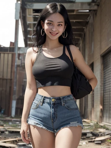 1girl, (20yo), (asian:hispanic), warm olive skin undertone, large breast, brown eyes, thick eyelashes, straigh long black hair, mischief smile, closed-mouth, crop top, high waisted worn short shorts jeans, backpack, scarf, hoop earring, inside abandoned building,