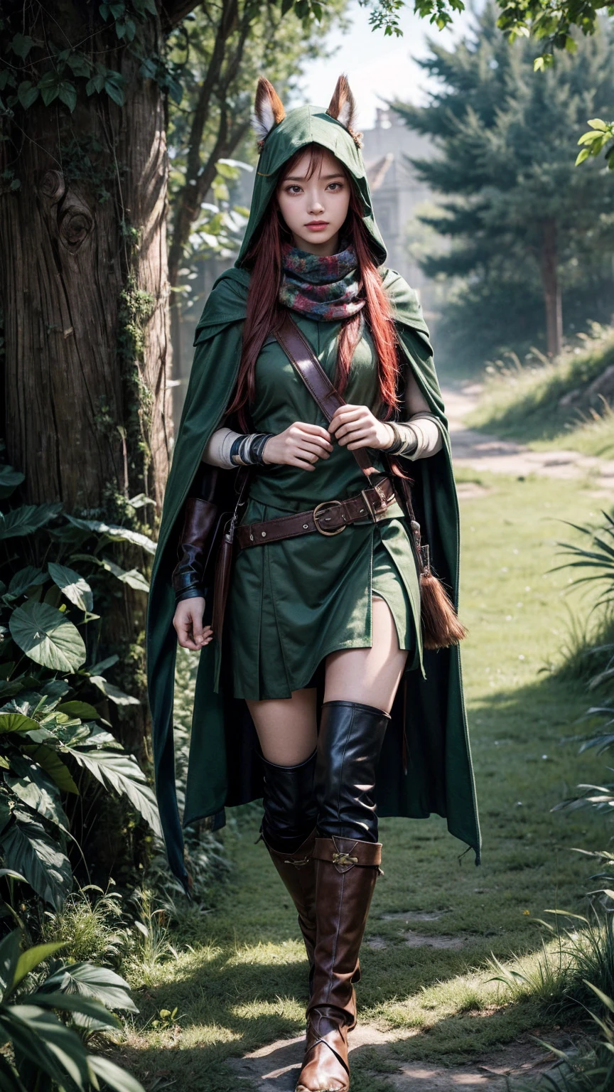 Grass, Sky, site, League of Legends, 1 Girl, Elf, Druid, Animal ears, bandage legs, Long legs, bandage, bandage, bird legs, bird skull, cape, Residence, Ears on headdress, Eyes can be seen through the hair, Face, feather, hood, hooded cape, Long hair, Brownish-green eyes, ginger, Red hair, Colorful hair, armor, blue scarf, scarf, scarf, scarf Long hair, hooded scarf, Green clothes, Green skirt,  Long skirt, leather armor, Nose Ring, nostril, Backpack