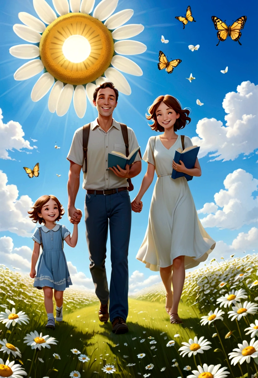 family, Young mother, young dad, mom dad same height, One , holding hands, walking through a chamomile field, smiling, dad has a book in his hand, mom has a bouquet of daisies in her hand, the sun is shining, blue sky, White clouds, Butterflies fly, Correct facial features