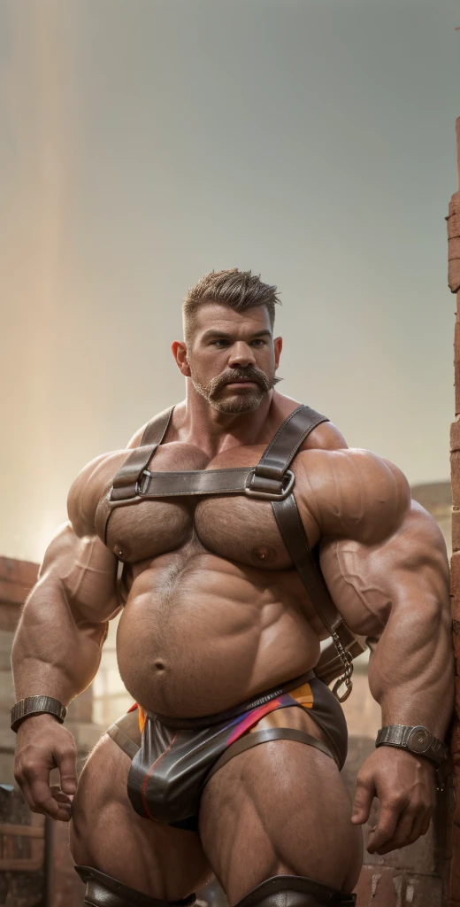 bdsm aesthetic, 8k, super detail, A portrait full body of Terry Crews moustache beard, wearing jockstrap, medium hair shaved sides, Strong, muscular, jockstrap, hairy big belly bodybuilder, bdsm gear, chains, harness, collar, hard big, leather boots, epic realistic, photo, faded, neutral colors, ((((hdr)))), muted colors, intricate scene, artstation, intricate details, vignette