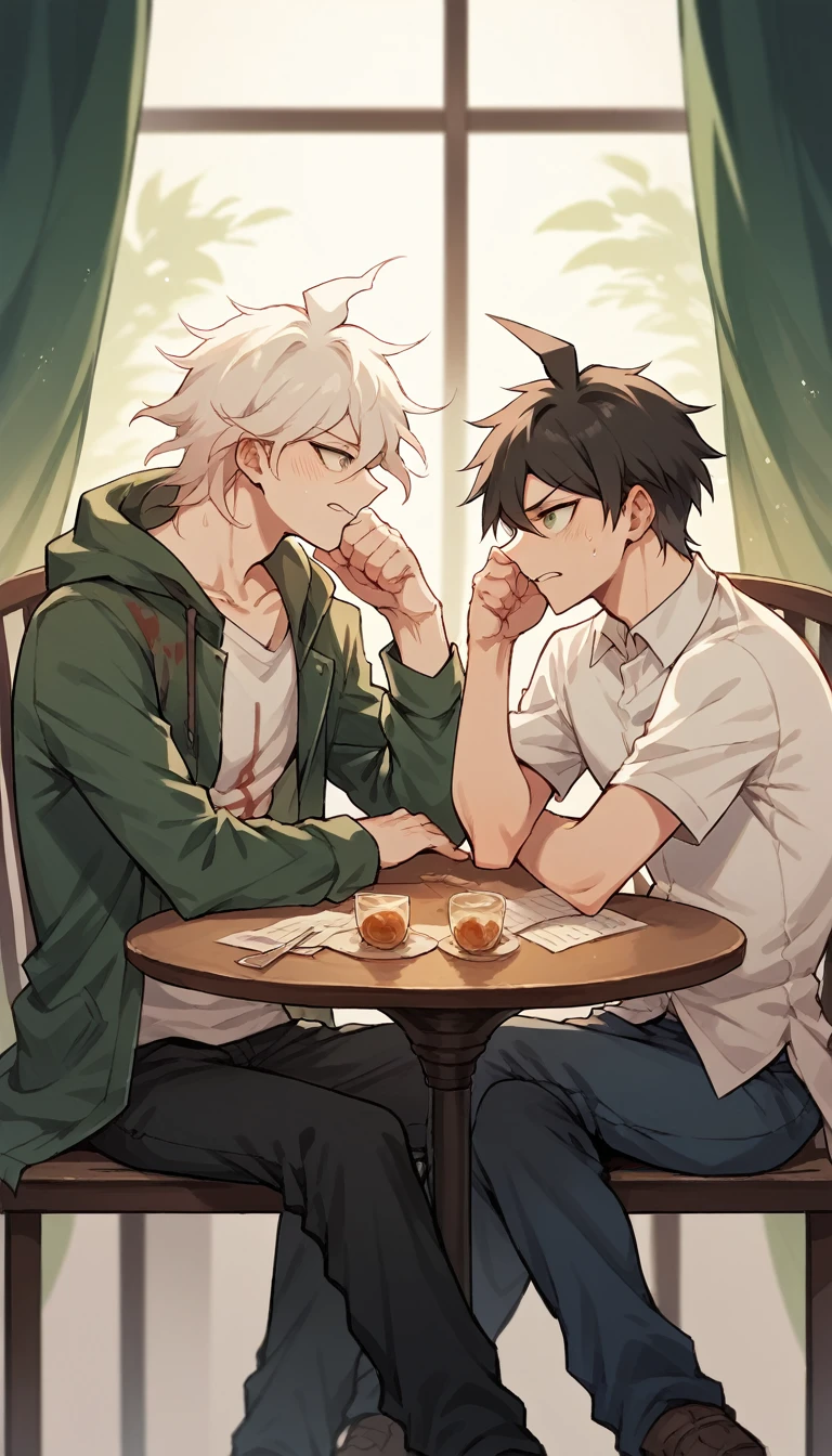 Two guys sitting at a table and talking