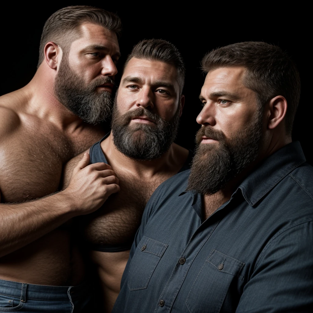 "8KUHD Create a professional studio-style photograph featuring two middle-aged, burly, hairy, beared big daddy bear, and rugged man and his husband in lumberjack outfit. beards, very realistic hair, very realistic beards, very realistic thick neck, very realistic neck lines, very realistic mens clothing, very realistic detailed mens clothing. A man and his husband are kissing each other, realistically kissing each other, daddy bear photoshoot, in a romantic and virile scene. Utilize all appropriate lighting techniques for studio photography. The background should be black." HDR