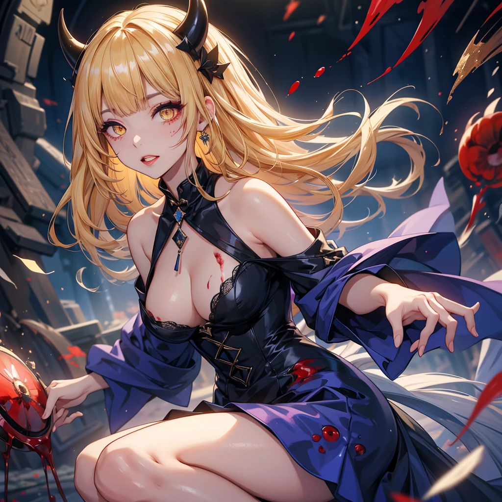 Delicate features, Crazy Smile, Devil horns,Mouth wide open, Mouth open and teeth bared, wide lips, Very wide mouth, Frowning, Vermilion-tinted cheeks, Blonde Hair, Princess Cut, Ribbon hair ornament, brooch, Shiny candy blue dress, Gold embroidery,ta Style, Gothic style, Facing the audience, Otaku Room, Well-built body, Nice body, Ample breasts, Fleshy body,With eyes wide open、Scary atmosphere、Distorted facial expressions、ねじれた笑face、Bloody、Bleeding from the head、Blood splatter、whole body、Long Hair、Long bangs、(((Dark circles under the eyes)))、Pale skin、Feeling unwell、Pathological、邪悪な笑face、Crazy Eyes、(Grin)Dramatic makeup,Create mixed media art,Well-built,Nice body,Shoulders wider,focus on,(face),Messy Hair,Yellow Eyes,(Glowing Eyes),(Blood splatter:1.5),Red light,笑face,big 笑face,tooth,psycho 笑face,gesugao,Dark city background,darkness,night,(close),Good Eyes, good teeth,サディスティックな笑face,,all,Shiny skin,詳細なface,Beautiful body,Adult,whole body油まみれで光沢感がある whole bodyから湯気が出ている Steam like a sauna room fills the entire screen. White breath from the mouth