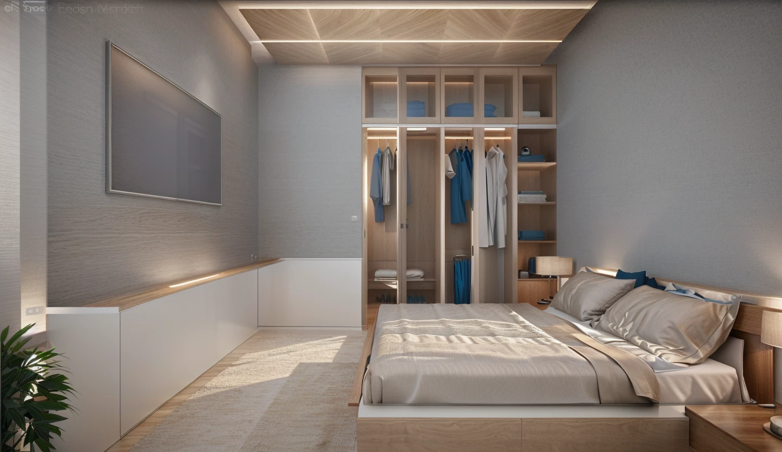 Design the master bedroom's interior space in [contemporary, luxurious style], using wood, white ceiling lights, using indoor lighting combined with [[blue areas with outdoor environmental lighting]. ]], [render vray 3ds max]