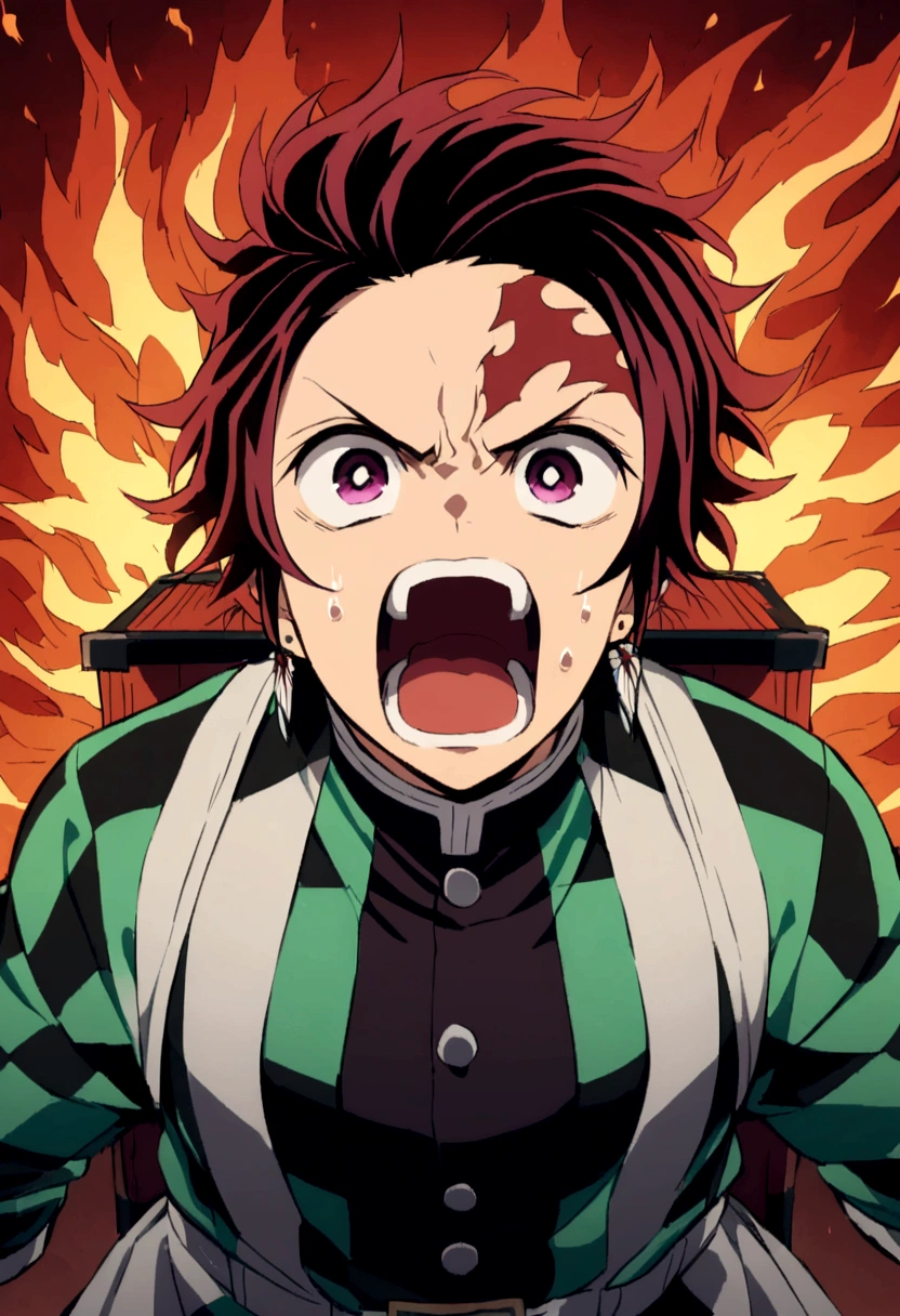 tanjiro, with sword, fire sword, ready to fight, screaming, upper body