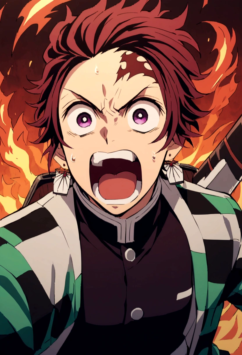 tanjiro, with sword, fire sword, ready to fight, screaming, upper body