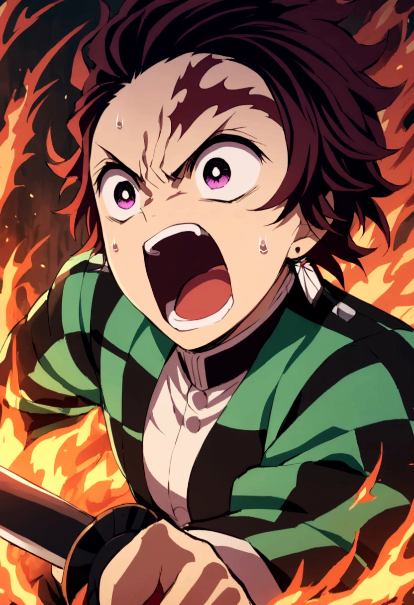 tanjiro, with sword, fire sword, ready to fight, screaming, upper body
