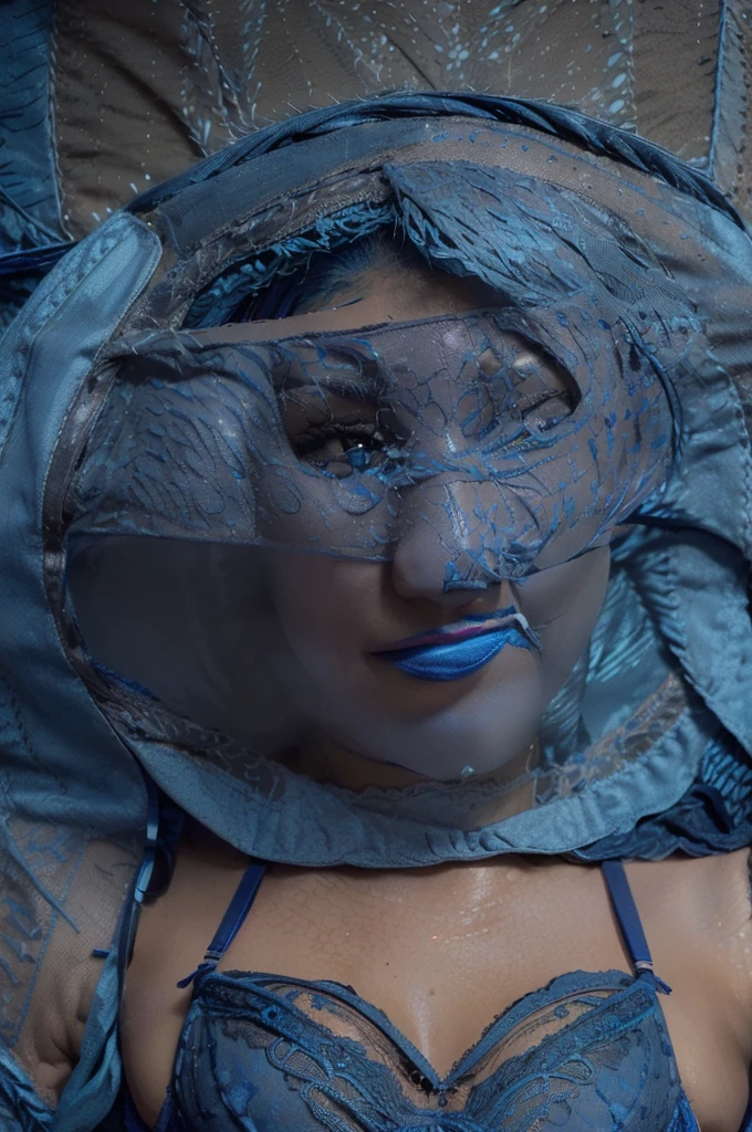 photorealistic, best quality, instagram model, (hyper detailed: 1.4), (((posing:1.5))), shot from afar, liberated, ((medium blue hair:1.4)), brown eyes, Detailed eyes, ((wearing lingerie:1.5)). beautiful european young woman, (Highly detailed face:1.4), exuding a natural glow, soft lightning, (smile:1.3)), day time, jaw-dropping beauty, sexy, seductive, vivid colors