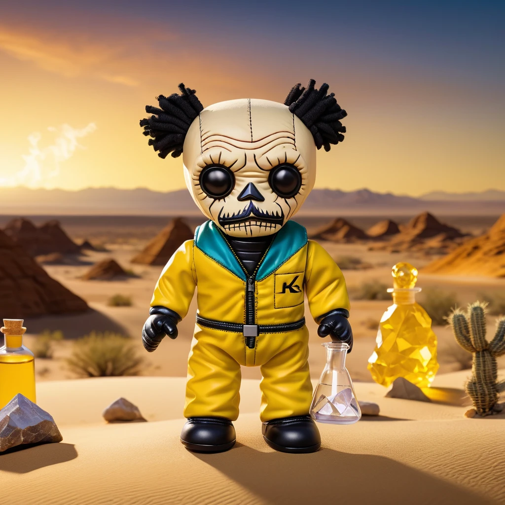 (knitted toy voodoo doll:1.6), (Voodoo Walter White:1.3), (Clothing: protective yellow suit:1.0), (Accessories: RV lab, bag of crystals, Erlenmeyer flask:1.2), (Background: desert scene with RV in background, chemical fumes:1.2),best quality, masterpiece, detailed soft oil painting, detailed background, dramatic cinematic lighting, soft edge lighting, professional, dramatic lighting, hard edge lighting, ultra quality, 4k,masterpiece, best quality, 8k, ultra highres, highres, extremely detailed