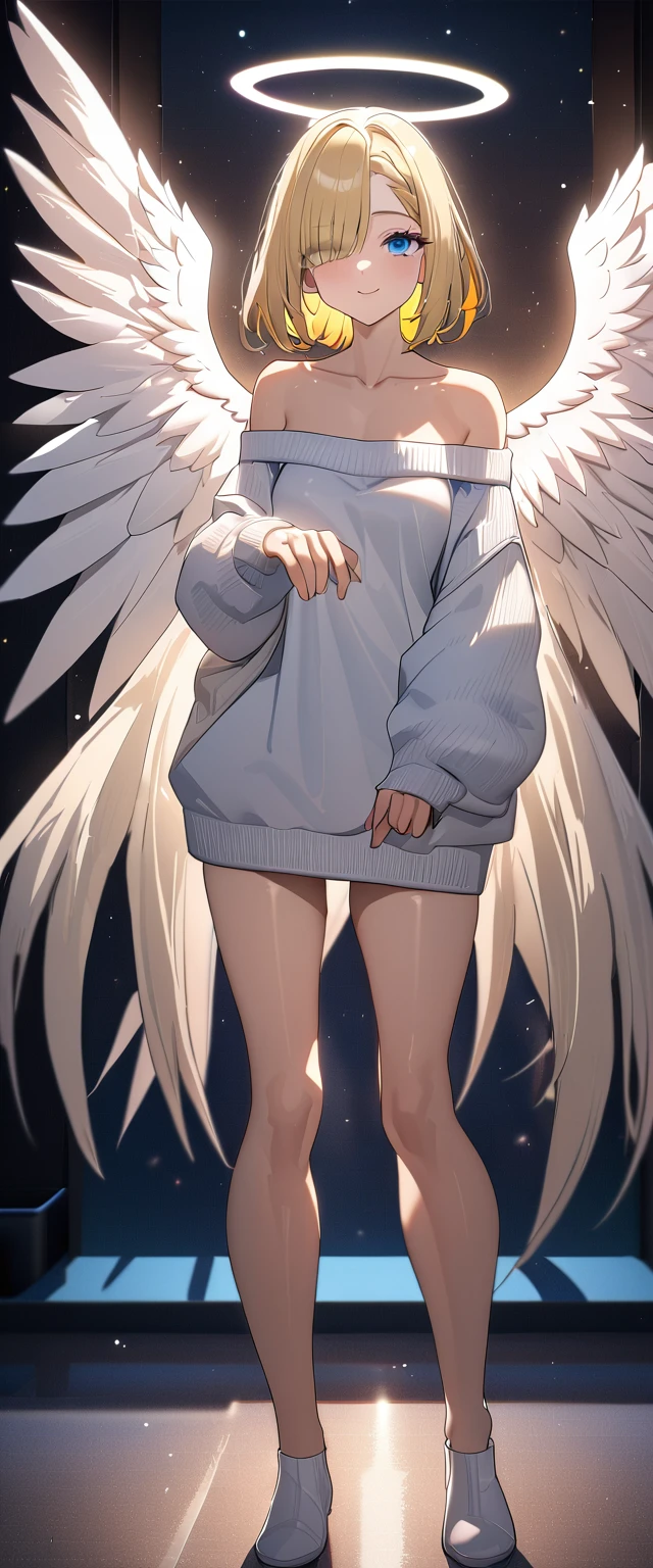((angel, big big white wings:1.3, halo:1.3)), (((full body))), ((flying)), archangel Uriel, ((wavy hair, outward curled hair)), evening, Sunset, ((blond hair, bob cut:1.3)), breasts, teenager, (looking at viewer), oversized clothes, puffy long sleeves, collarbone, ((off-shoulder sweater dress:1.3, Quite thick shoulder straps)), (((sleeves past wrists:1.3))), ((white sweater)), collarbone, head tilt:1.3, (((blue eyes))), ((happy smile)), (((anime style))), (best quality, 4K, 8K, highres, masterpiece:1.2, ultra-detailed, ultra-detailed eyes, HDR, uhd, studio lighting, ultra-fine painting, sharp focus, physically-based rendering, extreme detail description, professional, vivid colors, bokeh), ((Highest quality, Best image quality, Ultra-high resolution, Ultra-high resolution, solo, Strong eye highlights)), Depth of written boundary, Natural soft light, attractive, Beautiful Face, Cleanliness, Pure Face, medium chest, Beautiful Face, Perfect Fingers, Perfect hands, Perfect body, Perfect Face, Shine a light into your eyes, Perfect Anatomy