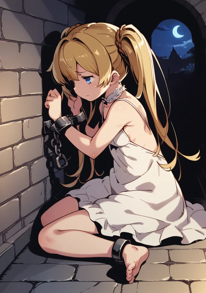 1girl, io \(granblue fantasy\), blonde skin, long hair, blonde hair, twin tails, blue eyes, small breast, shackles, chocker, brown sundress, barefoot, sad, dungeon, darkness, night, close-up  score_9, score_8_up, score_7_up, score_6_up, score_5_up, score_4_up, BREAK source_anime, masterpiece