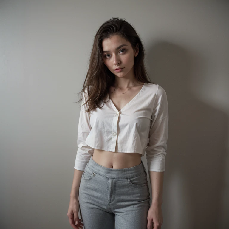 arafed woman in a white shirt and grey pants standing in front of a blue wall, kirsi salonen, magdalena andersson, wearing a blouse, magdalena radziej, wearing a white blouse, moleksandra shchaslyva, niele toroni, photo of džesika devic, serena malyon