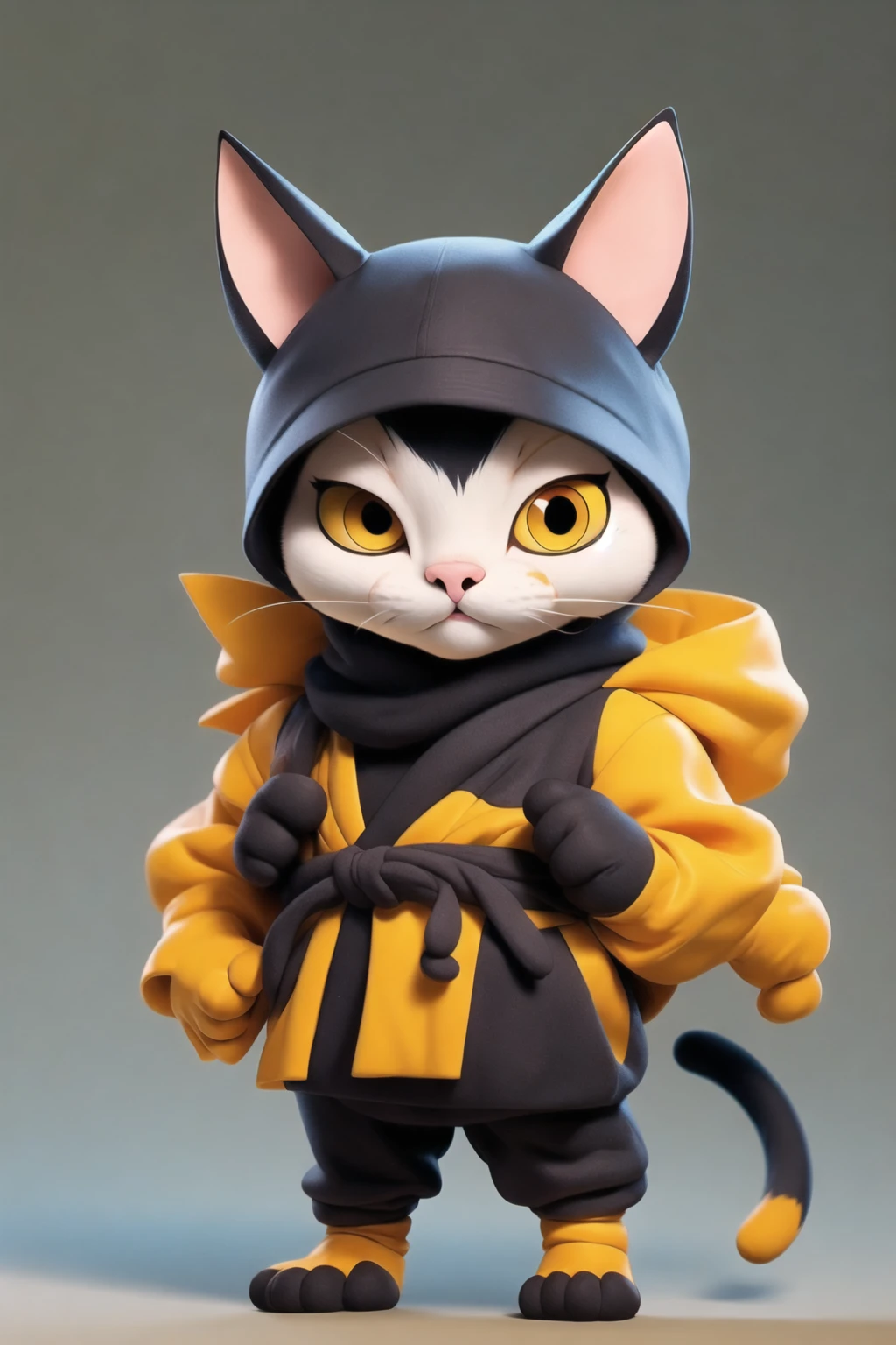 a cat warrior character,(full body:1.2),simple background, masterpiece,best qualit, Naruto Uzumaki costume