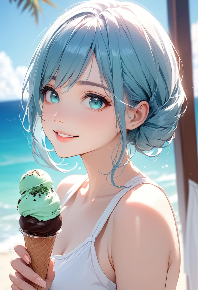smile(shining eyes)Blue-haired woman in swimsuit,Holding a blue soft serve ice cream
