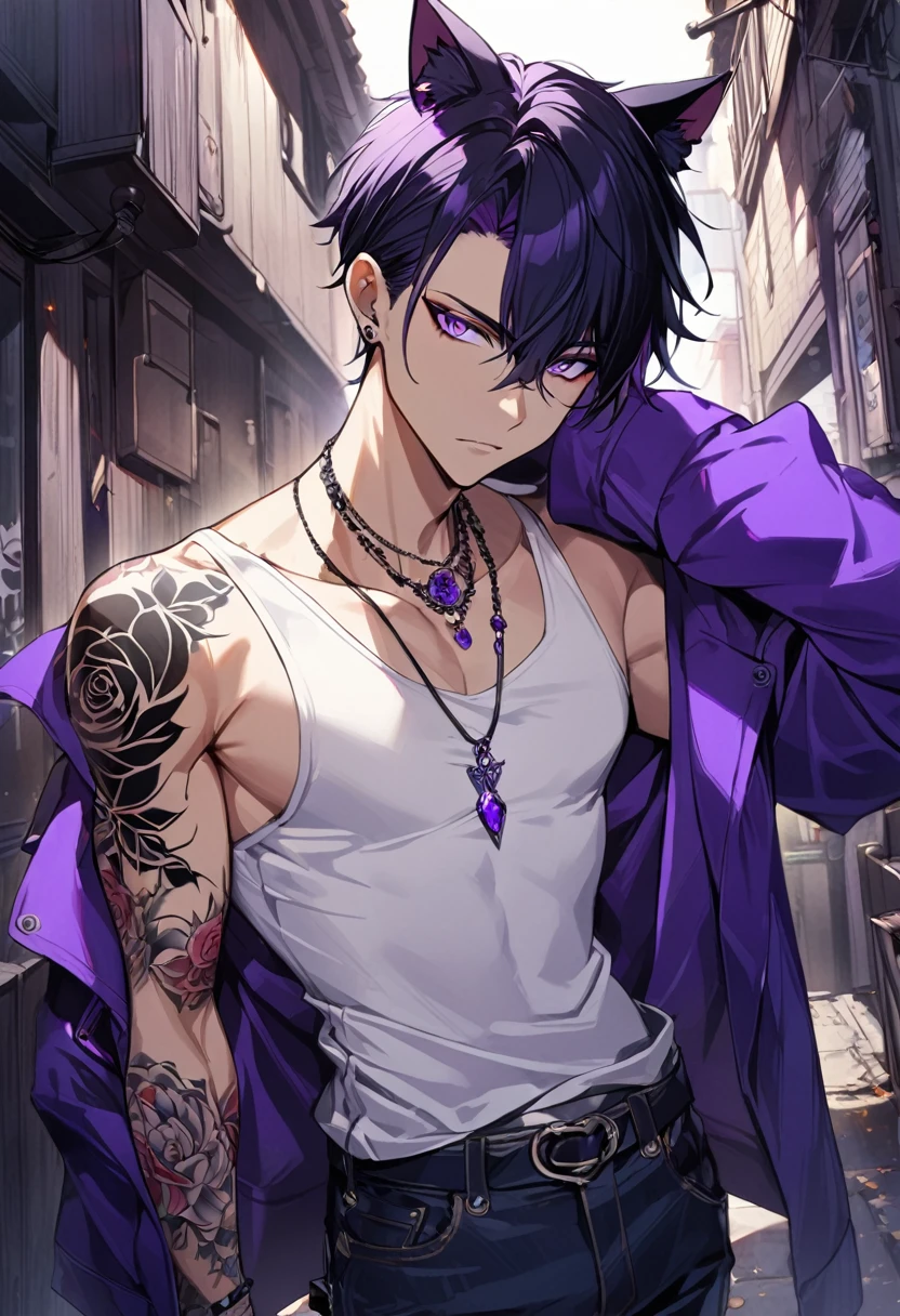 1boy, black short hair, black cat ears, bright purple eyes, wearing purple jacket, wearing white undershirt, wearing dark blue jean pants, wearing a necklace with a ring, exposing shoulders, bold tattoos, rose tattoos, purple rose tattoos, full sleeve tattoos