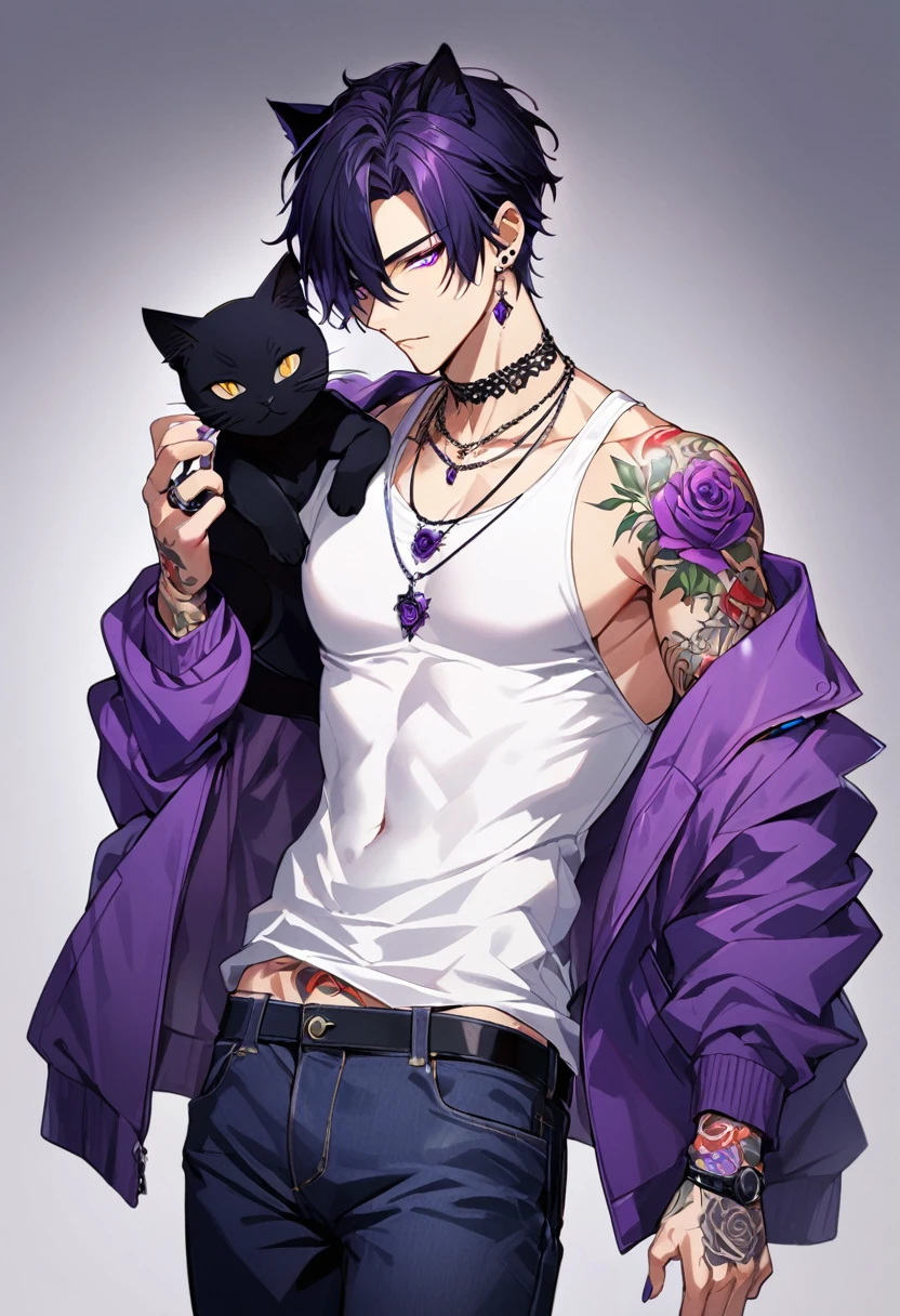 1man, black short hair, black cat ears, bright purple eyes, wearing purple jacket, wearing white undershirt, wearing dark blue jean pants, wearing a necklace with a ring, exposing shoulders, bold tattoos, rose tattoos, purple rose tattoos, full sleeve tattoos
