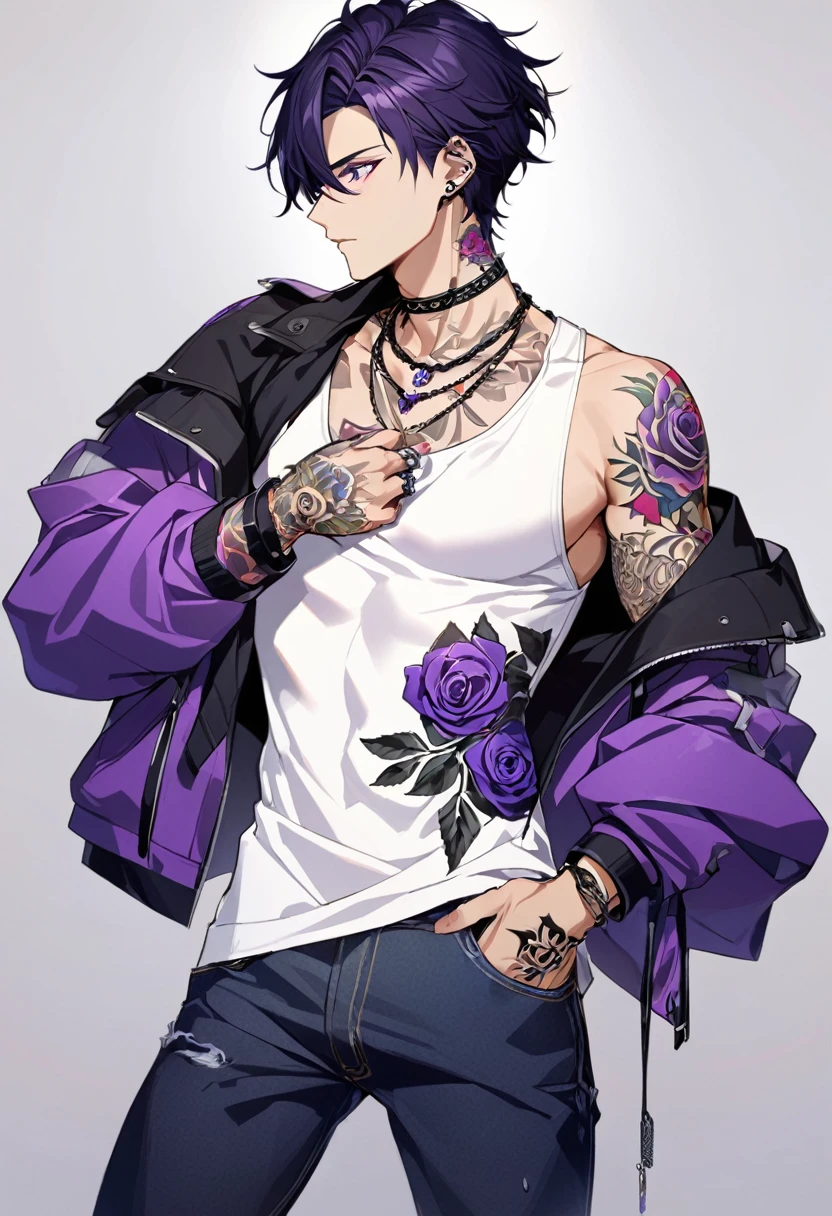 1boy, black short hair, black cat ears, bright purple eyes, wearing purple jacket, wearing white undershirt, wearing dark blue jean pants, wearing a necklace with a ring, exposing shoulders, bold tattoos, rose tattoos, purple rose tattoos, full sleeve tattoos