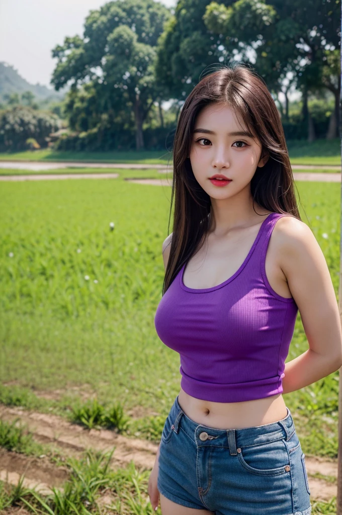 A very cute girl, solo, young, wearing purple tank top and short pants, big breasts, white and smooth skin, standing, long hairs, red lip, at rice field, realistic face