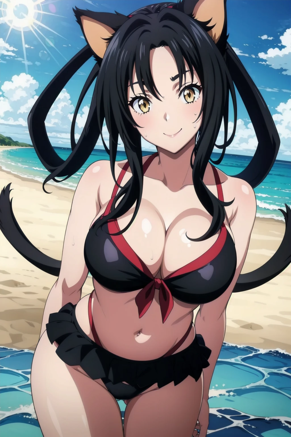 Kuroka Toujou, 1girl, breasts, animal ears, solo, black hair, cat ears, cleavage,large breasts, hair rings,long hair, makeup,yellow eyes, anime coloring, sash, lipstick, Smiling, looking at the viewer, blue theme, blue background, cloudy sky, sunlight, sweat, orgasmic, bikini swimsuit, large breasts, cleavage, belly button exposed, collarbone, thighs, sea and beach,