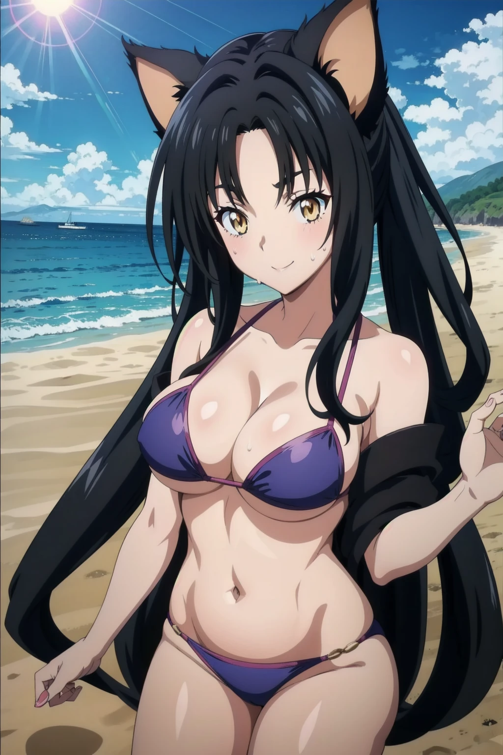 Kuroka Toujou, 1girl, breasts, animal ears, solo, black hair, cat ears, cleavage,large breasts, hair rings,long hair, makeup,yellow eyes, anime coloring, sash, lipstick, Smiling, looking at the viewer, blue theme, blue background, cloudy sky, sunlight, sweat, orgasmic, bikini swimsuit, large breasts, cleavage, belly button exposed, collarbone, thighs, sea and beach,