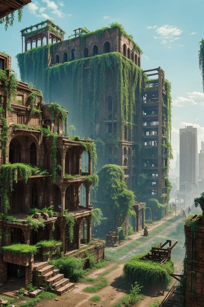 A city almost like a heap of ruins with creeper plants hanging all over run down towers with rusty door hinges and splinters long ago