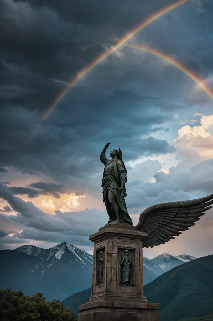 detailed highly realistic cinematic scene, 1 person worshiping a god, looking up to the sky, detailed peigan statue in the center at the top, cross in the background behind the peigan, cinematic lighting, 4k, detailed clouds in the sky, mountains in the background, light rain, rainbow, angels with wings floating in the sky