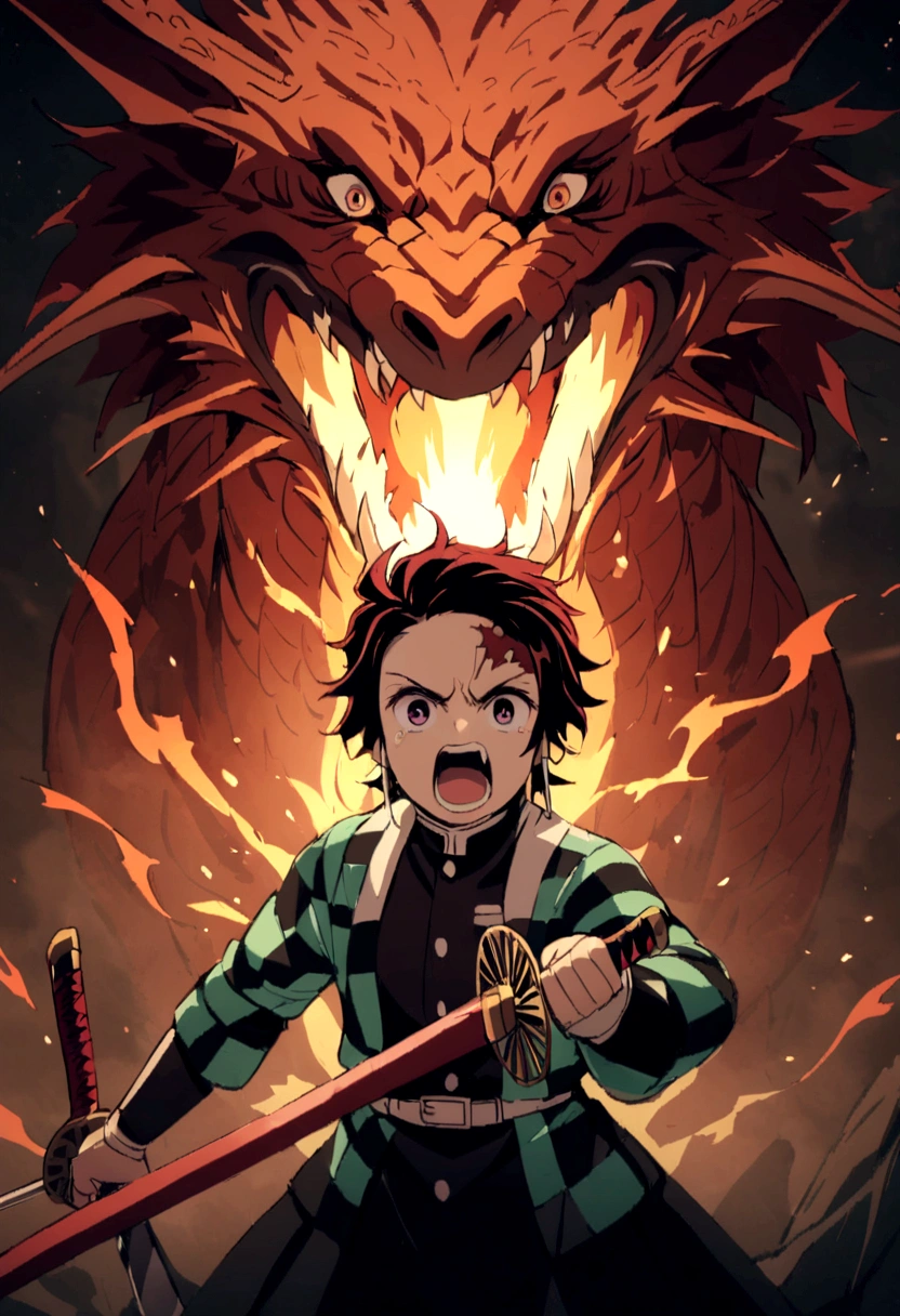 tanjiro, sword in hand, fire dragon, fire sword, ready to fight, screaming, upper body