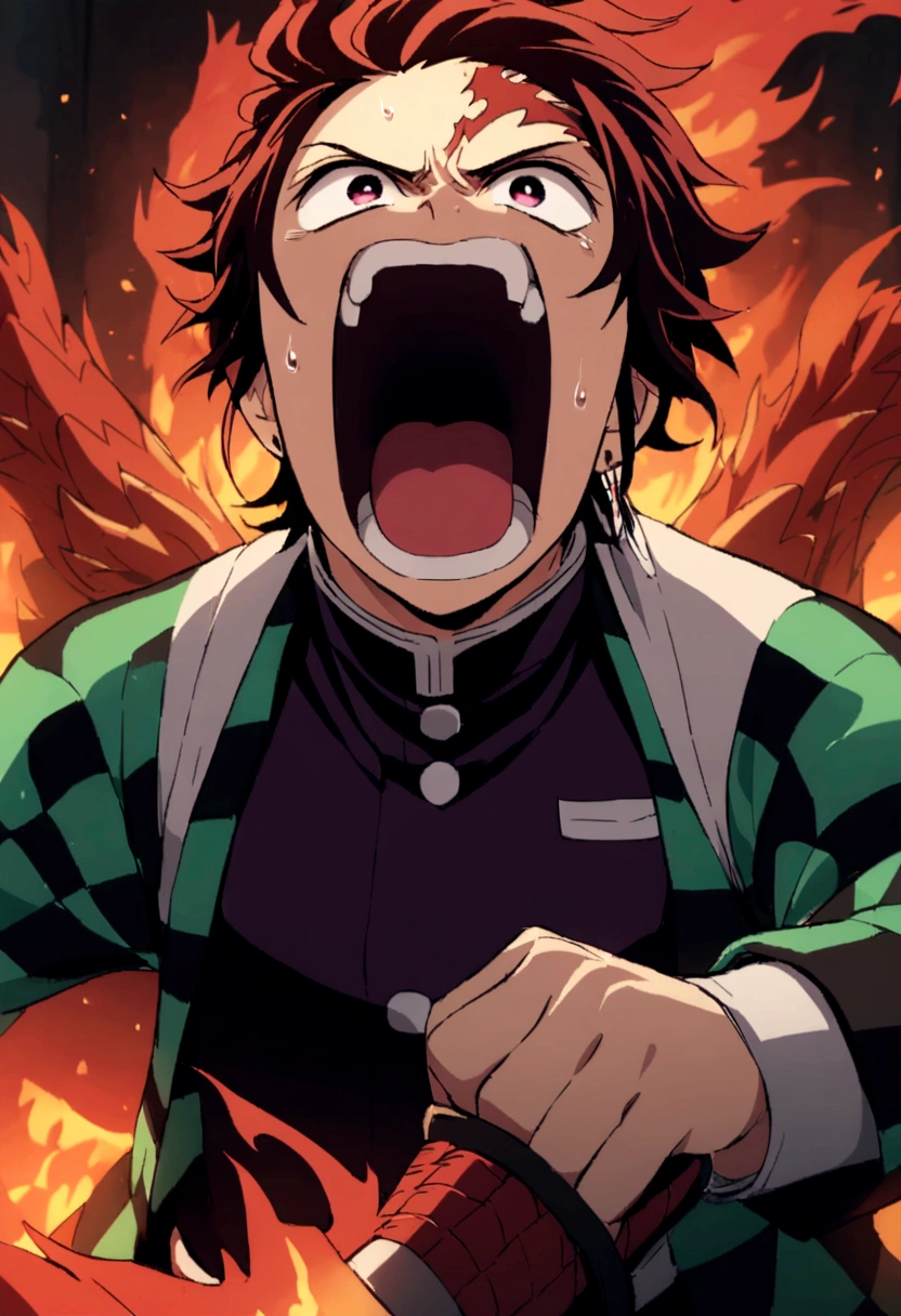 tanjiro, sword in hand, fire dragon, fire sword, ready to fight, screaming, upper body