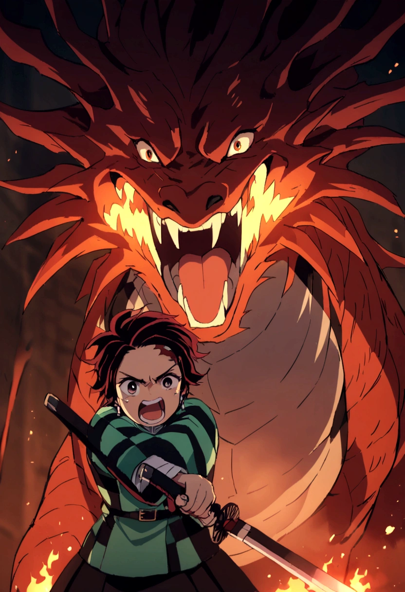 tanjiro, sword in hand, fire dragon, fire sword, ready to fight, screaming, upper body